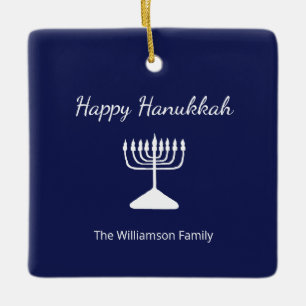 Gelukkige Chanoeka Menorah Eenvoudig Blauw Wit Keramisch Ornament