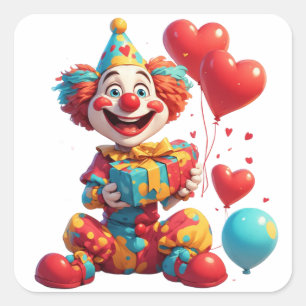 Gelukkige clown met ballonnen en cadeau 🎂 vierkante sticker