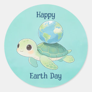 Gelukkige Dag van de Aarde Schildpad met Wereldbol Ronde Sticker