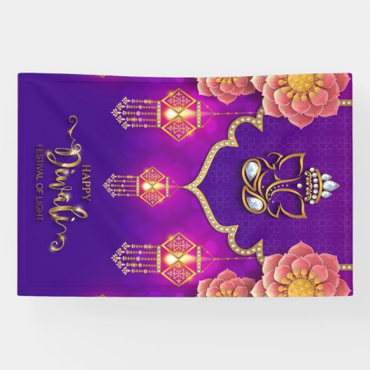 Gelukkige Diwali met Ganesh, Rangoli en Diya Spandoek (Horizontaal)