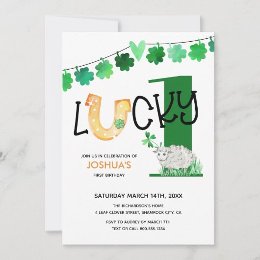 Gelukkige Eén eerste verjaardag Shamrock en Schaap Kaart (Voorkant)