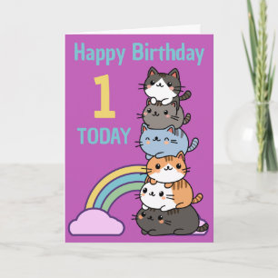 Gelukkige eerste (1e) verjaardag stapel katten met kaart