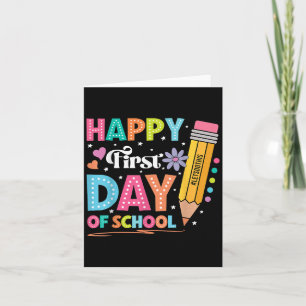 Gelukkige eerste schooldag potloodleraar Schattige Kaart