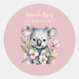 Gelukkige eerste verjaardag waterverf koala ronde sticker