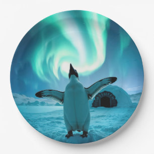 Gelukkige Feestdagen Pinguïn Onder Noorderlicht Papieren Bordje