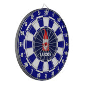 Gelukkige Gnome met Hart op Blauw & Wit Dartbord (Voorkant Links)