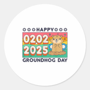 Gelukkige Groundhog Day 2 februari 2025 Retro Zons Ronde Sticker
