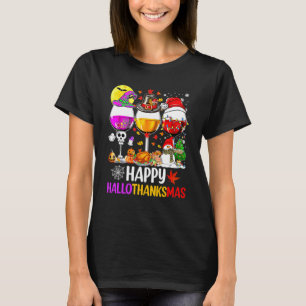 Gelukkige Hallothanksmas Wijnglazen Heks Kerstman  T-shirt