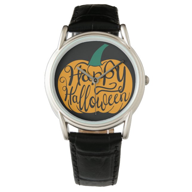 Gelukkige Halloween-belettering op gesneden pompoe Horloge (Voorkant)