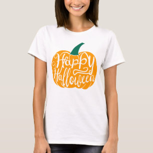 Gelukkige Halloween-belettering op gesneden pompoe T-shirt