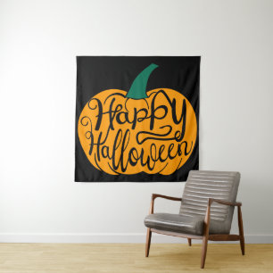Gelukkige Halloween-belettering op gesneden pompoe Wandkleed