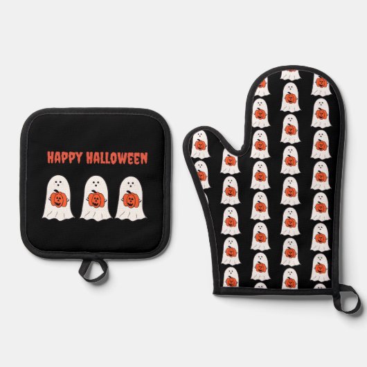 Gelukkige Halloween Ghosts met Jack-o-Lanterns Ovenwant & Pannenlap Set (Voorkant)