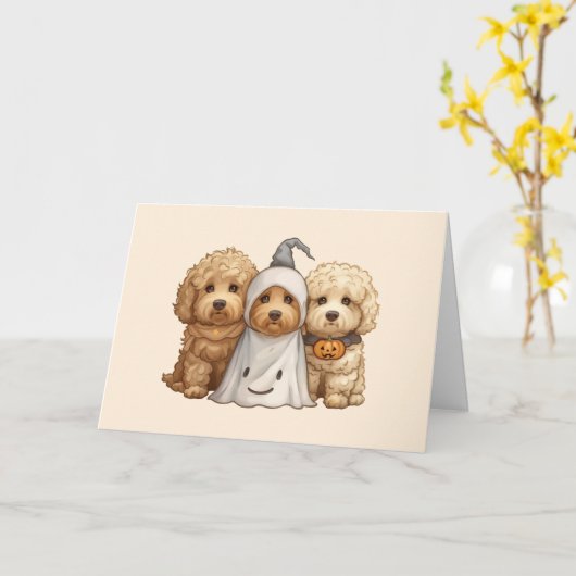 Gelukkige Halloween Goldendoodle Honden Kaart (Gele Bloem)
