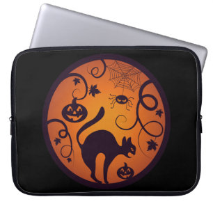 Gelukkige Halloween lantaarn zwarte kat spinnen en Laptop Sleeve