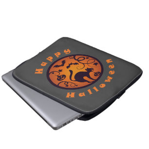 Gelukkige Halloween lantaarn zwarte kat spinnen en Laptop Sleeve