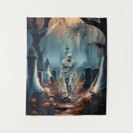 Gelukkige Halloween-mummie op een kerkhof Wandkleed