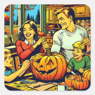 Gelukkige Halloween Nostalgische Familie Carving P Vierkante Sticker