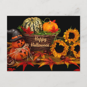 Gelukkige Halloween Pompoenen en Zonnebloemen Feestdagenkaart