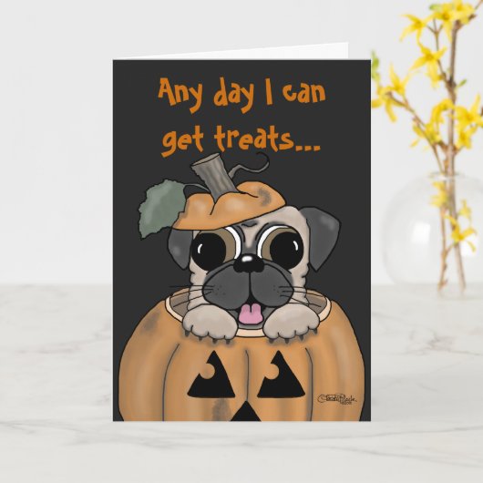 Gelukkige Halloween-Pug in Jack O' Lantern Kaart (Gele Bloem)