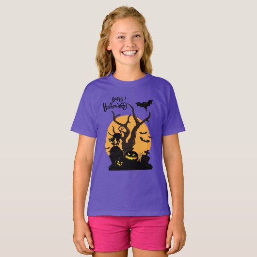 Gelukkige Halloween Spooky Night Silhouetten Meisj T-shirt (Voorkant volledig)