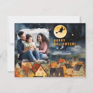 Gelukkige Halloween zwarte heks stad foto Briefkaart