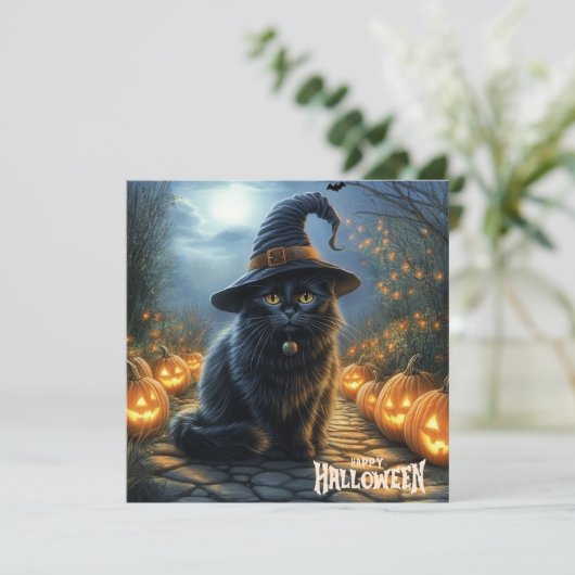 Gelukkige Halloween Zwarte Kat met Pompoenen Feestdagenkaart (Staand voorkant)