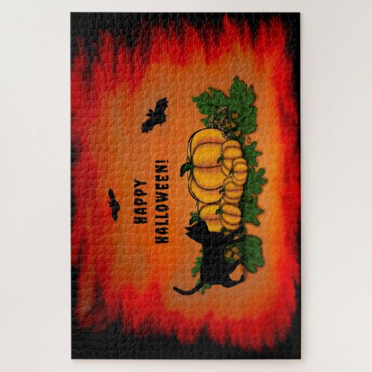 Gelukkige Halloween, Zwarte Kat, Vleermuis en Pomp Legpuzzel (Verticaal)