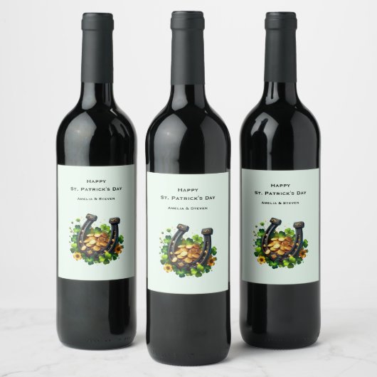 Gelukkige Hoefijzer en gouden munten St. Patrick's Wijn Etiket (Flessen)