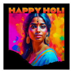 Gelukkige Holi mooie vrouw in blauw Perfect Poster