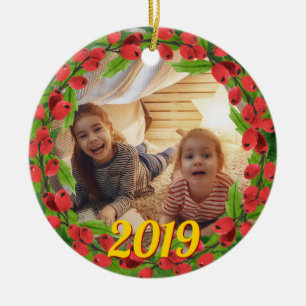 Gelukkige Holly Berry krans aangepaste foto Keramisch Ornament
