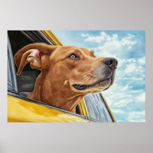 Gelukkige Hond in Gele Auto Kunstprint Poster