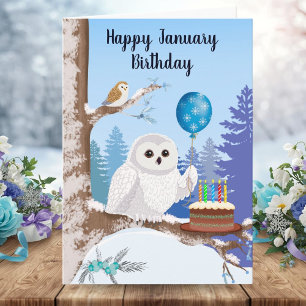 Gelukkige januariverjaardag Sneeuwuil met cake Kaart