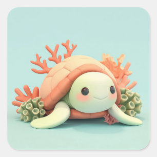 Gelukkige Klei Zeeschildpad in Koraalrif Vierkante Sticker