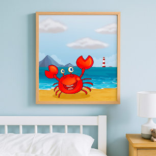 Gelukkige krab op strand met vuurtoren poster