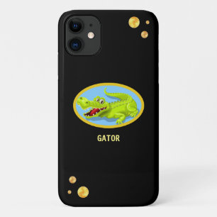 Gelukkige krokodil & gouden confetti op zwart iPhone 11 hoesje
