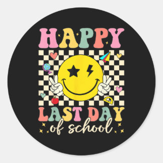 Gelukkige laatste dag van school groovy glimlach g ronde sticker