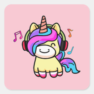 Gelukkige lachende baby eenhoorn met hoofdtelefoon vierkante sticker