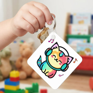 Gelukkige Lachende Kawaii Cartoon Kat met Koptelef Sleutelhanger