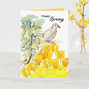 Gelukkige Lente Duif Boom Gele Wilde Bloemen Kaart