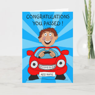 Gelukkige man slaagt voor rijexamen kaart