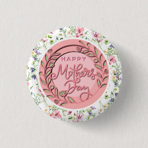 Gelukkige Moederdag Elegante Moderne Roze Bloemen Ronde Button 3,2 Cm