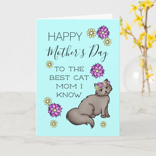 Gelukkige Moederdag Kat Moeder Bloemig Kaart (Gele Bloem)