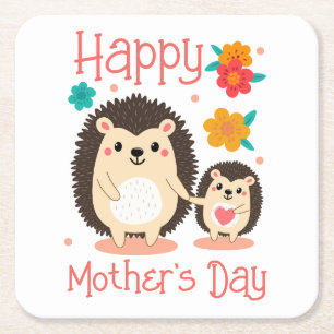 Gelukkige Moederdag Mama En Baby Egel Vierkante Kartonnen Onderzetter