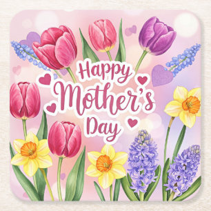 Gelukkige Moederdag, voorjaarsbloemen, Vierkante Kartonnen Onderzetter
