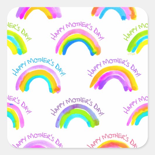 Gelukkige Moederdag Waterverf regenboogpatroon Vierkante Sticker (Voorkant)