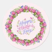 Gelukkige Moeders Dag Roze Bloemen Krans Ronde Sticker (Voorkant)
