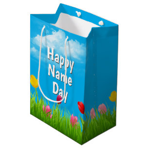 Gelukkige Naamdag Tulpen Midden Geschenkentas Medium Cadeauzakje