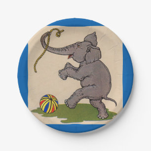 gelukkige olifant die met touw en bal speelt papieren bordje