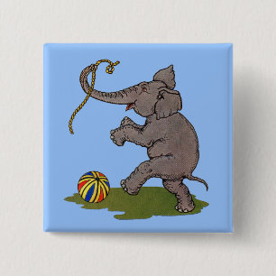 gelukkige olifant die met touw en bal speelt vierkante button 5,1 cm