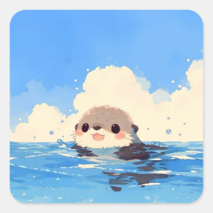 Gelukkige Otter Zwemt in Fonkelend Water Vierkante Sticker